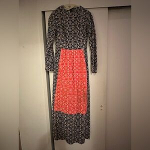 Vintage Saks 1960s 1970’s Floral Hostess Maxi Dress in Blue and Red Size XS